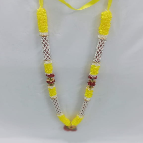 Sri Sainath Enterprises Yellow with Pearls Design and RED Flowers Artificial GARLND. LENGTH-21 INCHES