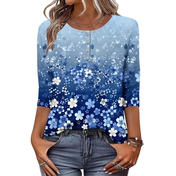 Sriper 3/4 Sleeve Shirts for Women Loose Fit,Ladies Cotton Plus Size Crew Neck Tops and Blouses,Elbow Sleeve Tops and Blouses,Fall Clothes for Women 2025 Trendy,Trendy , Dark Blue M