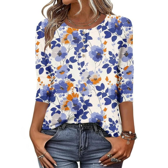Sriper 3/4 Sleeve Shirts for Women Trendy,Ladies Fall Blouses Dressy Casual,Elbow Sleeve Tops Dressy,Fall Clothes 2025 Travel,Fashion Outfits for Teens Plus Size,Blusas De Mujer Blue L