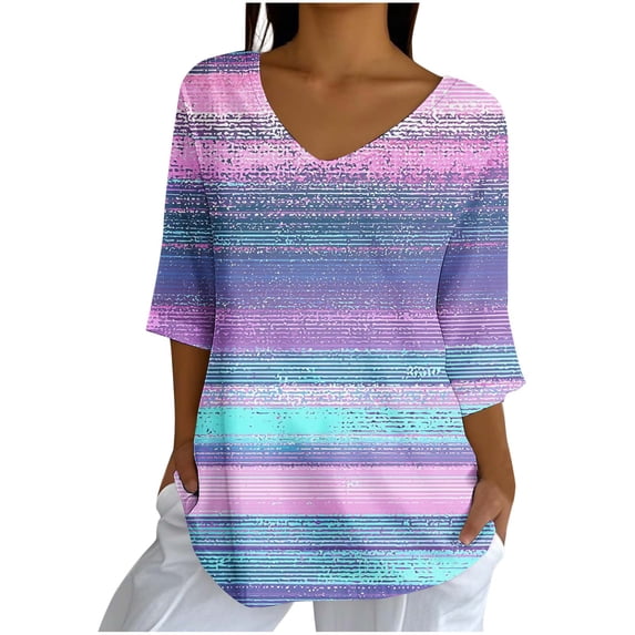 Sriper 3/4 Sleeve V-Neck Tops Solid Color,Plus Size Tie-Dye T-Shirts,Ladies Blouses & Tops,Loose Fit Tunic Pullover,Teens Plus Size Fashion Outfits,Camisetas Mujer Sin Estampado Hot Pink L