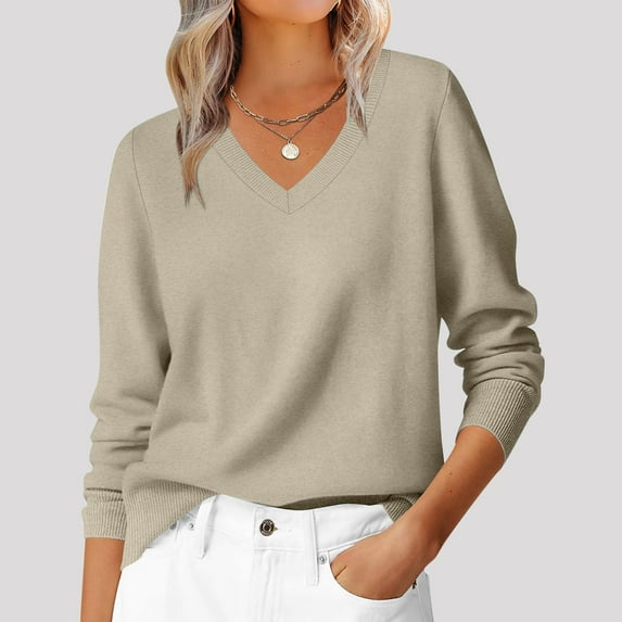 Sriper Baggy Sweaters for Women V-Neck Long Sleeve Fashion Knit Sweater Soild Color Loose Cozy Pullover Tops Ladies Work Street Lightweight Outfits