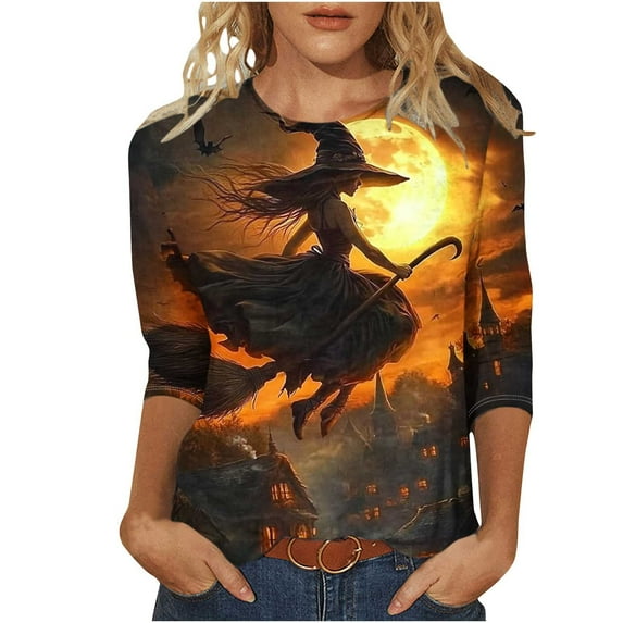 Sriper Basic Witch Halloween Shirt for Women,Plus Size Elbow Sleeve Tops,Dressy Casual Graphic Tee,Funny Fall Blouse,Thanksgiving Holiday Style,Camisetas Mujer,Seasonal & Stylish Multicolor 3X