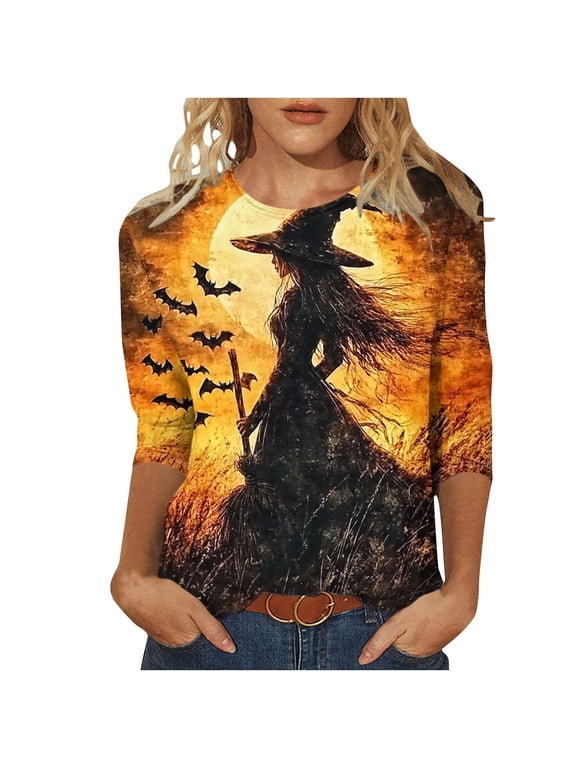 Basic Witch Halloween T-Shirt for Women,Cotton 3/4 Sleeve Fall Tops,Novelty Elbow Sleeve Graphic Tee,Thanksgiving Blouse,Blusas Para Mujer,Stylish & Playful Multicolor M