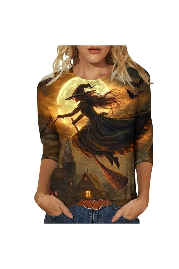 Basic Witch Halloween Top for Women,Casual 3/4 Sleeve T-Shirt,Cotton Elbow Sleeve Blouse,Fall Graphic Tee,Thanksgiving Outfit Camisetas Mujer Ofertas,Comfortable & Fun Multicolor 5X
