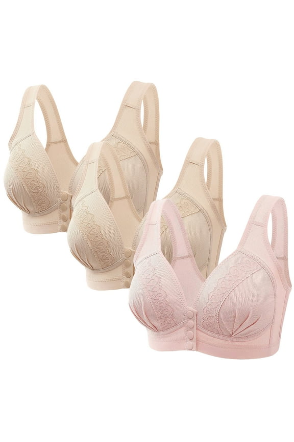 Bras for Women Button Front Closure 3 Pack,Plus Size Wire Free Push Up Bra,Bralettelette Front Snap Closing Lifts Breasts No Underwire, Supportive Bras Large Bust Wireless,Brasieres Pink 2X