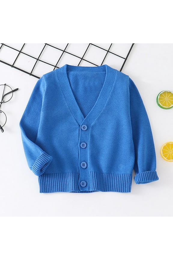 Button-Up V-Neck Cardigan Fleece Knit Long Sleeve Sweater for Boys Girls Soft Breathable Ages 2-10 Great for School Play Easy To Wash Classic Solid Colors Blue 2-3 Years