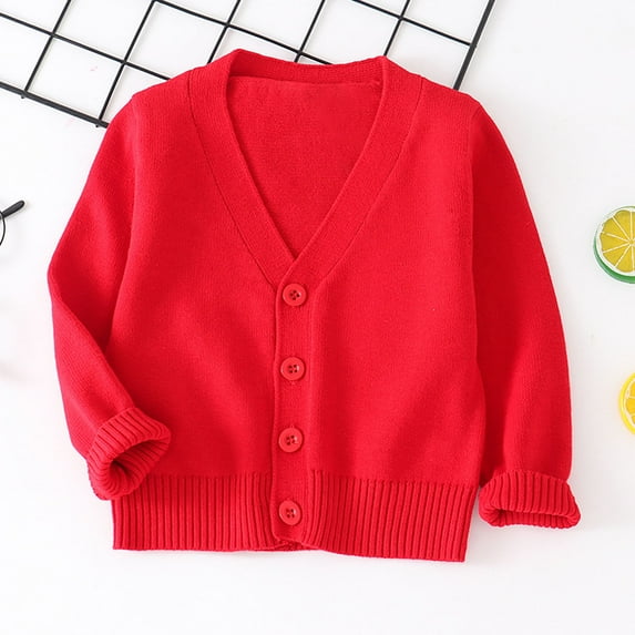 Sriper Button-Up V-Neck Cardigan Fleece Knit Long Sleeve Sweater for Boys Girls Soft Breathable Ages 2-10 Great for School Play Easy To Wash Classic Solid Colors Red 7-8 Years