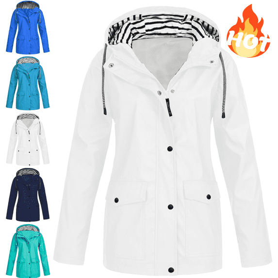 Mifsaly Wonens Plus Size Rain Jacket Sun Protection Waterproof Windbreaker Jackets Lightweight Windproof Outdoor Hiking Travel Raincoat with Pockets White,M