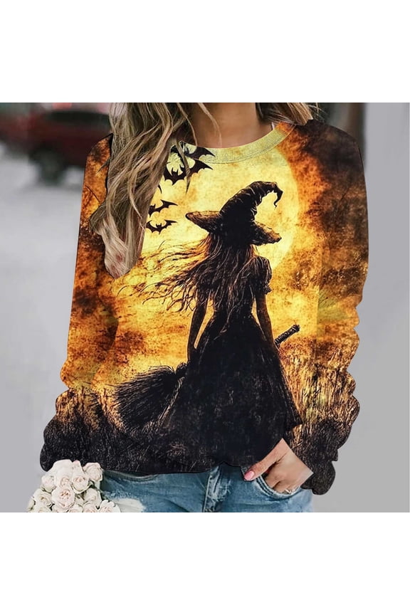 Comfy Halloween Witch Sweatshirt, Women's Fall Crewneck Print Pullover Top, Oversized Casual Pullover, Spooky Season Fashion, 2025 Winter Outfit Cute Sudaderas Para Mujer Multicolor XXL