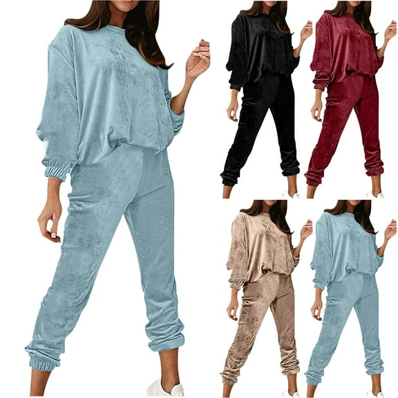 Sriper Comfy Sets for Women Clothes Velvet 2 Piece Outfits Crewneck Drop Shoulder Sweatshirt 3/4 Sleeve Soild Color Loose Pullover Tops High Waist Comfy Lounge Cropped Sweatpants Jogger Workout Pants