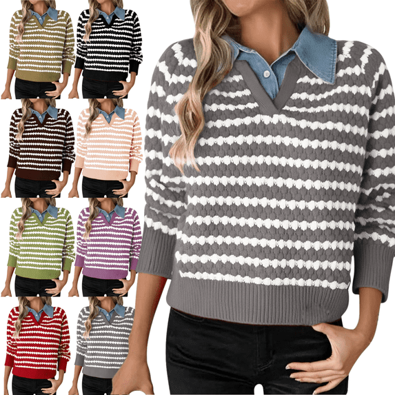 Sriper Cowboy Sweaters for Women Striped Button Lapel Chunky Knit Pullover Sweater Long Sleeve Warm Loose Outerwear Ladies Work Fall Winter Clothes