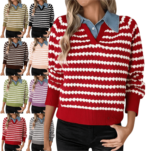 Sriper Cowboy Sweaters for Women Striped Button Lapel Chunky Knit Pullover Sweater Long Sleeve Warm Loose Outerwear Ladies Work Fall Winter Clothes