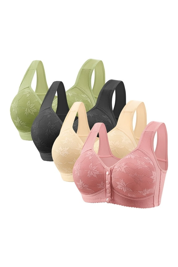 Daisy Bra for Older Women 4 Pack, Comfortable Convenient Front Close Button,Full Coverage Comfortable Bras,Bralettelettes Large Bust, Wireless Bras Lift, Bra Multicolor 3X