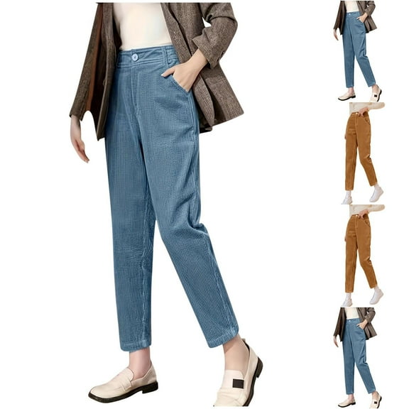 Sriper Dress Pants Women Corduroy Ribbed Comfy Elastic Waist Slacks Button Breathable Business Casaul Pleated Pant Fall Winter Thermal Long Trousers with Pockets Lounge Workwear