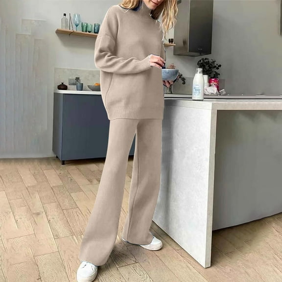 Sriper Fall Lounge Sets for Women 2 Piece Long Sleeve Turtleneck Sweater Thermal Drop Shoulder Baggy Pollover Tops Elastic Wasit Loose Straight Leg Pants Trendy Matching Clothes Fit Work Going Out
