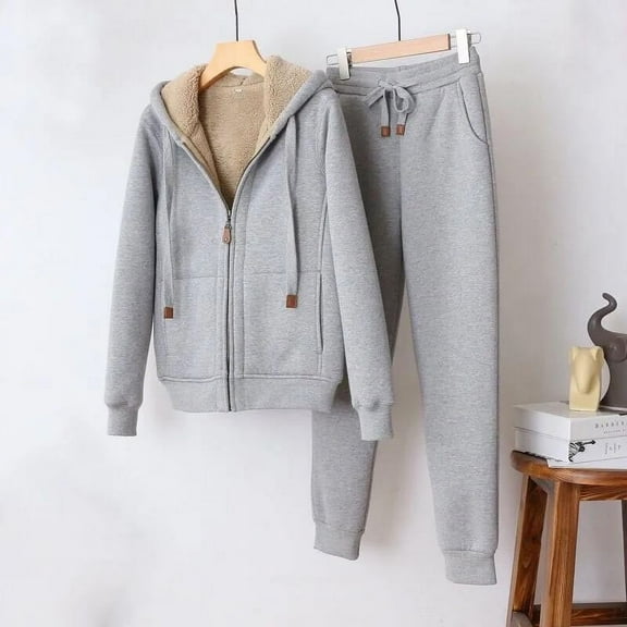 Sriper Fleece Lined Outfits for Women Lounge 2 Piece Sets Full Zip Long Sleeve Thermal Hooded Sweatshirt Comfy Jacket Coat Hoodie Drawstring Elastic Waist Sweatpants Warm Y2K Loungewear Fit Going Out