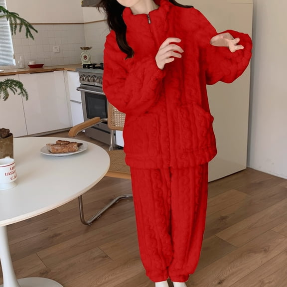 Sriper Fleece Pajama Sets for Women 2 Piece Winter Fuzzy Homewear Outfits Zip Up Long Sleeve Thermal Sleepwear Tops Soild Color Warm Nightwear Textured Elastic Waist Long Pants Ladies Loungewear
