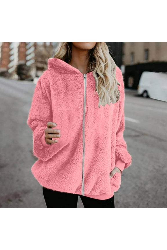 Fuzzy Fleece Jacket for Women Plus Size Zip up Thermal Hooded Sweatshirt Long Sleeve Thick Warm Cozy Sherpa Outerwear Fall Winter Soild Color Trendy Coat Fit Airport Casaul
