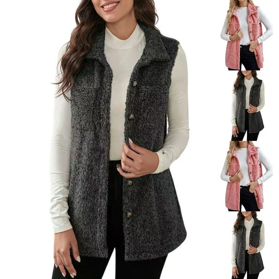 Sriper Fuzzy Fleece Vest Women Button Down Casaul Thermal Tank Tops Sleeveless Lapel Collar Comfy Lounge Jacket Coat 2025 Winter Trendy Warm Outerwear Fit Office Daily Street