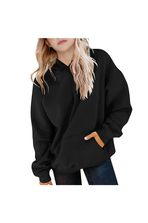 Girls Oversized Hoodie,Solid Color Long Sleeve Sweatshirt,Casual Sports Pullover with Pockets,Winter School Outfits,Youth Sizes 6-16,Cute Autumn Clothes Outfits,Ropa Para Niña Black 9 Years