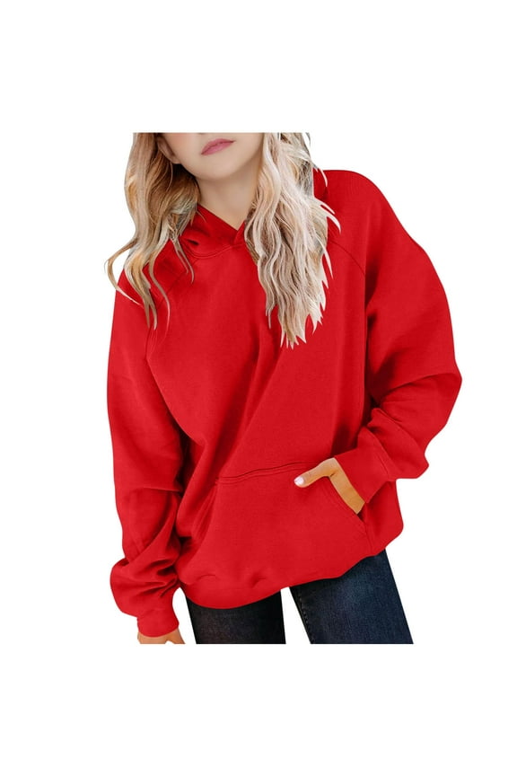 Girls Oversized Hoodie,Solid Color Long Sleeve Sweatshirt,Casual Sports Pullover with Pockets,Winter School Outfits,Youth Sizes 6-16,Cute Autumn Clothes Outfits,Ropa Para Niña Red 7 Years