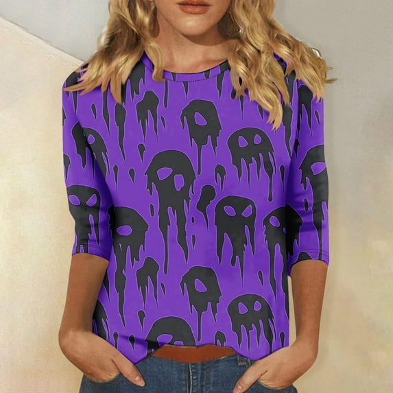 Sriper Halloween 3/4 Sleeve Tops Trendy for Women Tunic Blouses Crew Neck Plus Size Loose Fit Dressy Tops Basic Pullover Tees Para Halloween Multicolor M