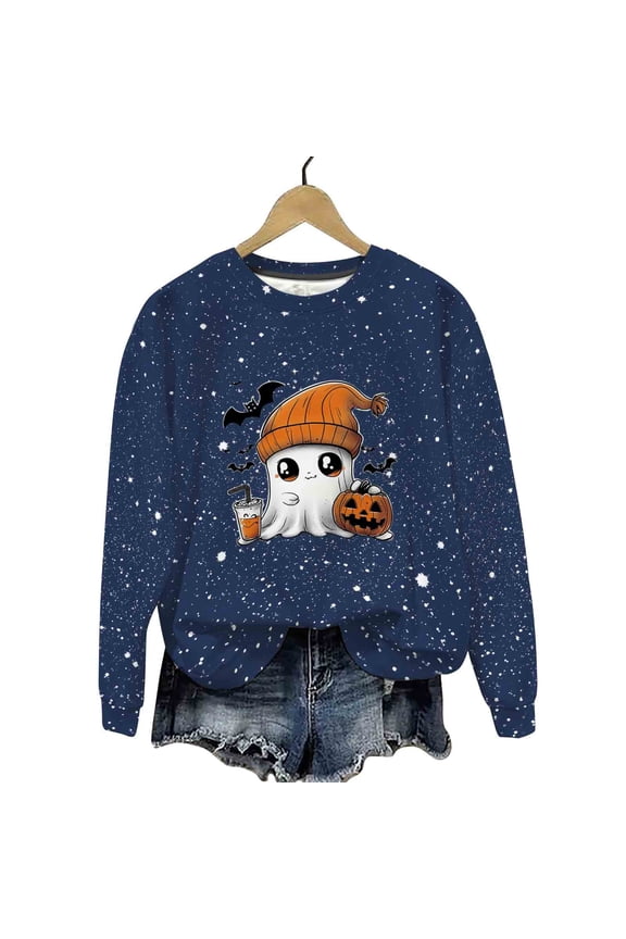Halloween Clothes for Women, Ghost Pumpkin Graphic Shiny Sweatshirt, Spooky Trendy Pullover, Plus Size Tunic Tops, Fall Winter Outfits, Comfy & Fun Seasonal Wear Sudaderas Para Mujer Navy L