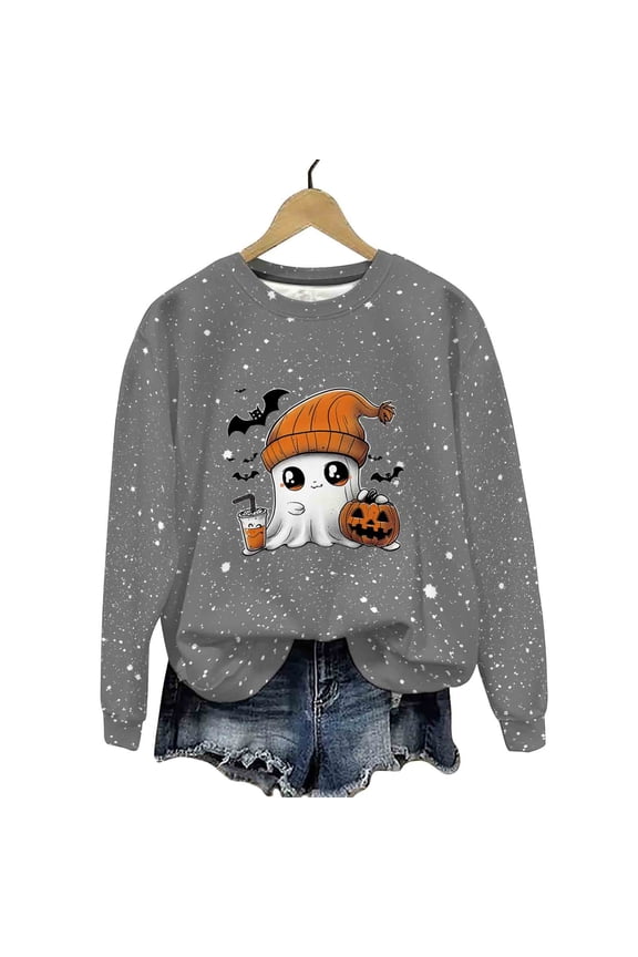 Halloween Clothes for Women, Ghost Pumpkin Graphic Shiny Sweatshirt, Spooky Trendy Pullover, Plus Size Tunic Tops, Fall Winter Outfits, Comfy & Fun Seasonal Wear Sudaderas Para Mujer Gray M