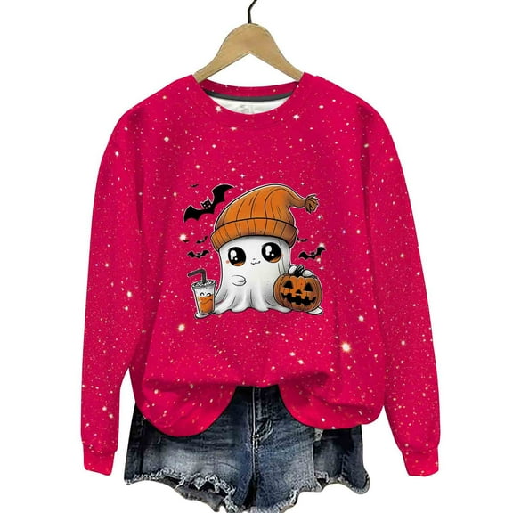 Sriper Halloween Clothes for Women, Ghost Pumpkin Graphic Shiny Sweatshirt, Spooky Trendy Pullover, Tunic Tops, Winter Hiking Clothes, Soft & Warm Fabric Cute Sudaderas Para Mujer Pink S