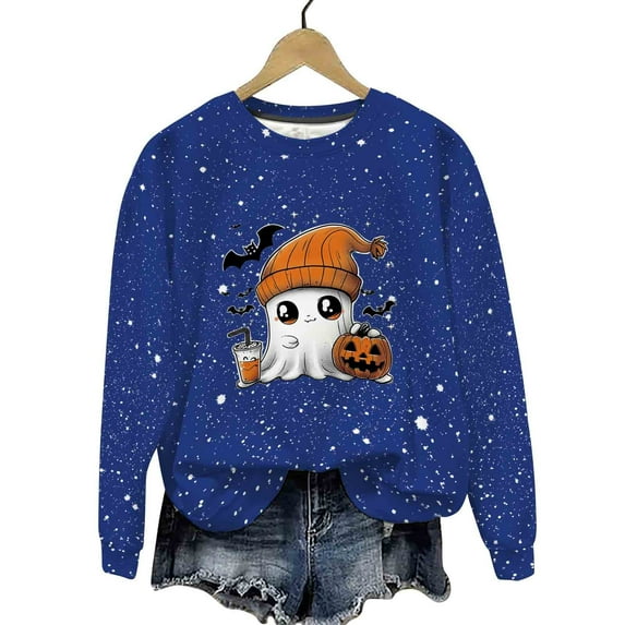 Sriper Halloween Clothes for Women, Ghost Pumpkin Graphic Shiny Sweatshirt, Spooky Trendy Pullover, Tunic Tops, Winter Hiking Clothes, Soft & Warm Fabric Cute Sudaderas Para Mujer Blue M