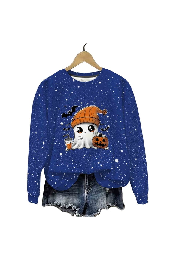 Halloween Clothes for Women, Ghost Pumpkin Graphic Shiny Sweatshirt, Spooky Trendy Pullover, Tunic Tops, Winter Hiking Clothes, Soft & Warm Fabric Cute Sudaderas Para Mujer Blue L