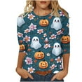thumbnail image 1 of Sriper Halloween Ghost Solid Color Crew Neck 3/4 Sleeve Tops Floral Half Sleeve Accents Loose Fit Plus Size T-Shirts Vintage Graphic Tee Styles Blue 3X, 1 of 5