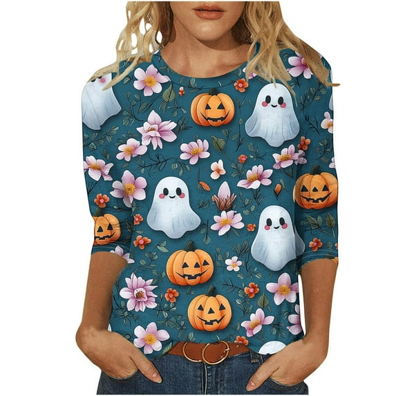 Sriper Halloween Ghost Solid Color Crew Neck 3/4 Sleeve Tops Floral Half Sleeve Accents Loose Fit Plus Size T-Shirts Vintage Graphic Tee Styles Blue 3X
