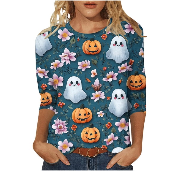 Sriper Halloween Ghost Solid Color Crew Neck 3/4 Sleeve Tops Floral Half Sleeve Accents Loose Fit Plus Size T-Shirts Vintage Graphic Tee Styles Blue S