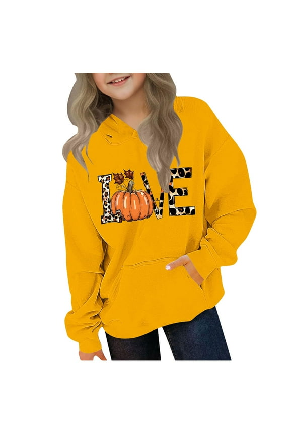Halloween Pumpkin Hoodie,Kids Ghost Print Fleece Oversized Long Sleeve Sweatshirt with Pocket,Boys & Girls Fall Winter Clothes,Sizes 4-14,Camisas Para Niñas,Spooky Outfits Yellow 11 Years