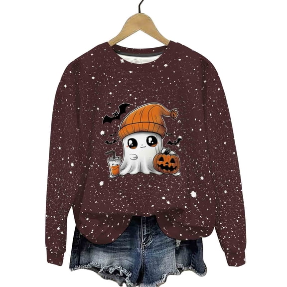 Sriper Halloween Sweatshirts for Women, Cute Spooky Coffee Graphic Pullover, Loose Fall Tops, Themed Outfits, Casual & Festive Seasonal Wear Cute Para Mujer Brown M