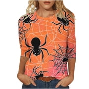 Sriper Halloween Themed 3/4 Sleeve Trendy Tops Womens Going Out Tees Loose Fit Pullover Basic Shirts Ladies Tops & Blouses Seasonal Orange 5X