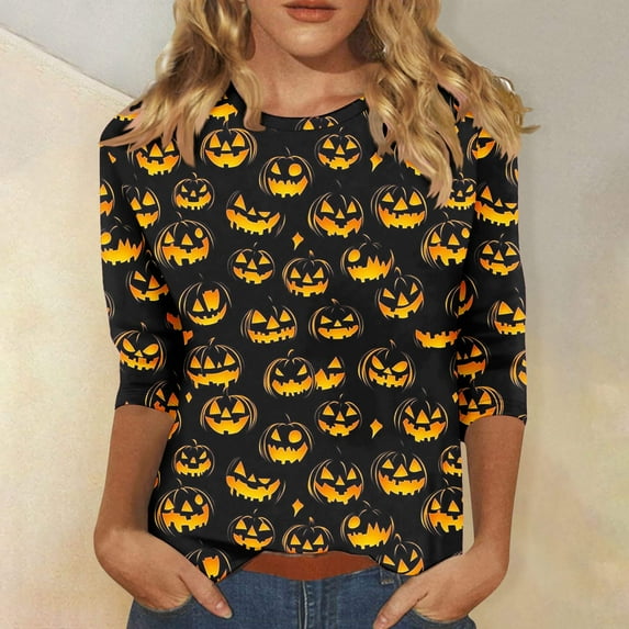 Sriper Halloween Women Crew Neck Tops Solid Color Dressy Tunic Blouses Crew Neck Elbow Sleeve Floral Printed Blouses Business Casual Outfits Camisetas Mujer Sin Estampado Multicolor L
