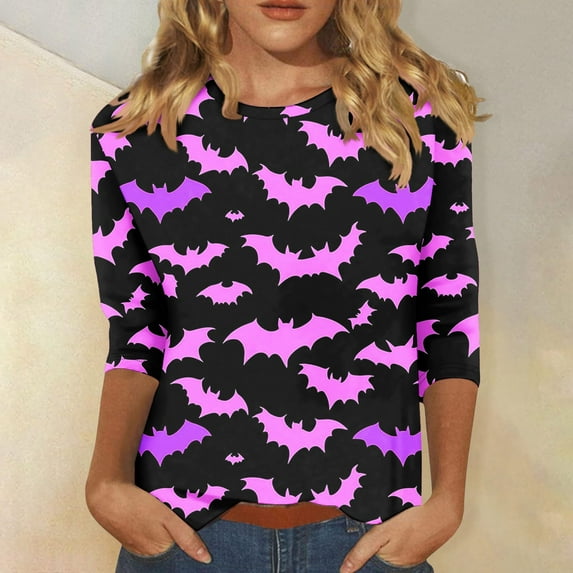 Sriper Halloween Womens 3/4 Sleeve Tops T-Shirts Plus Size Crew Neck Shirts Loose Fit Large Blouses Business Casual Dress Wear Camisetas Mujer Multicolor 4X