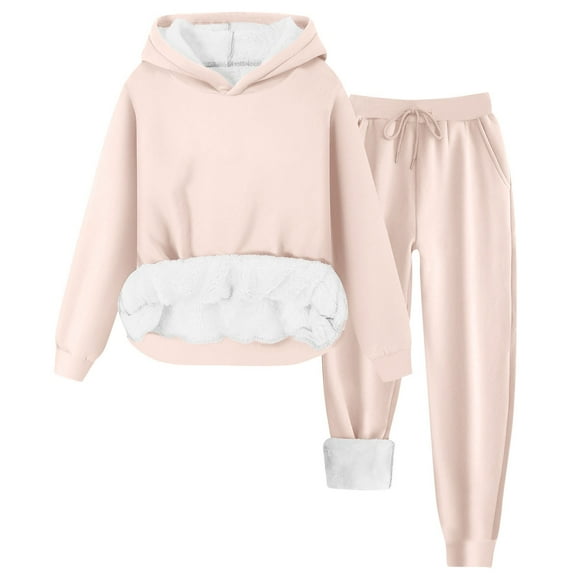 Sriper Jogger Sets for Women 2 Piece Lounge Outfits Fuzzy Lined Thermal Long Sleeve Hooded Sweatshirt Soild Color Warm Hoodie Jacket Drawstring Elastic Waist Comfy Sweatpants Gym Casaul Tracksuit