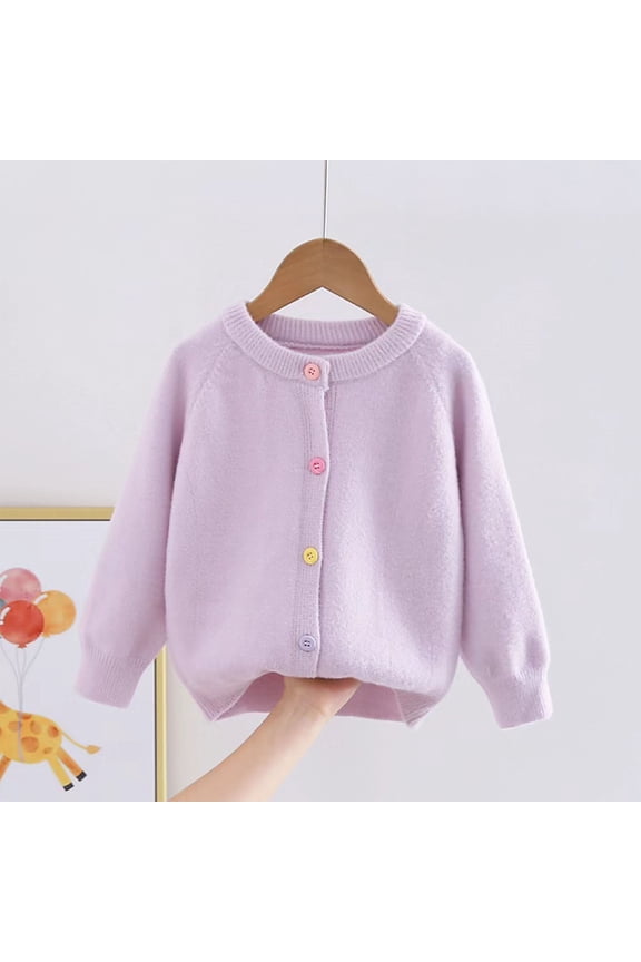 Kids Solid Color Fleece Cardigan Knitted Round Neck Sweater for Boys Girls Long Sleeve Warm Pullover Soft Yarn for Fall Winter Casual Everyday Wear Ages 2-11 Ropa Para Purple 4-5 Years