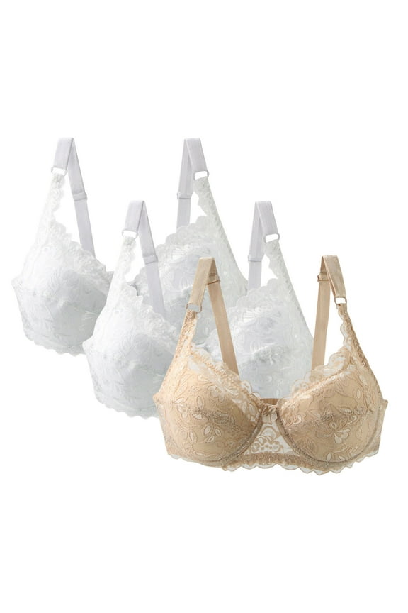 Lace Bralette Tops for Women with Support 3 Pack,Cute Sports Bras Large Bust, Bralette Full Figure Supportive Underwire,Solid Color Daily Bra Underwear No Rims Correa Para Mujer,Beige 2X