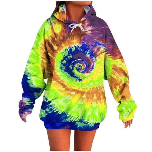 Sriper Ladies Fashion Tie-Dye Printed Hoodies, Novelty Pullover Sweatshirts with Big Pockets, Plus Size Tunic Tops, Fall Work Clothes, Comfy & office Wear, Casual Chic Look Cute Para Mujer Yellow L