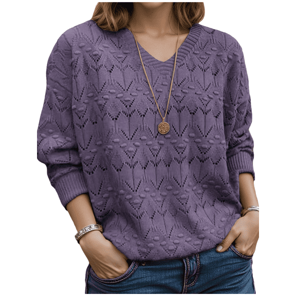 Sriper Lightweight Sweaters For Women V-Neck Long Sleeve Knit Sweater Hollow Out Soild Color Pullover Tops Casual Loose Fashion Clothes 2025