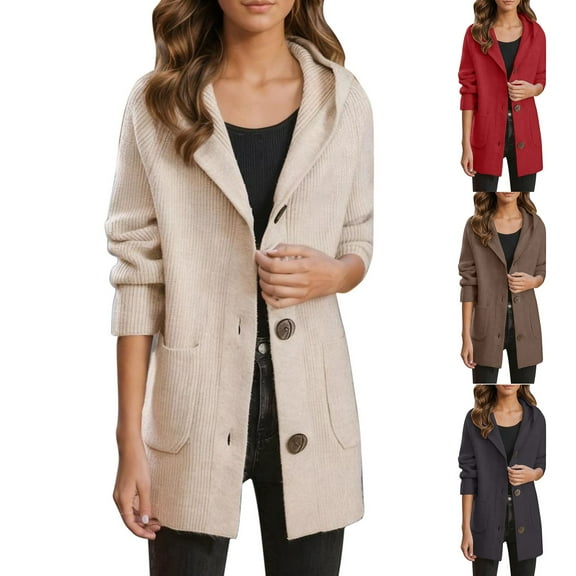 Sriper Long Cardigan Sweaters for Women V-Nevk Button Down Hooded Knit Sweater Warm Long Sleeve Cozy Hoodie Open Front Casual Lightweight Outerwear with Pockets 2025 Fall Winter Outfits