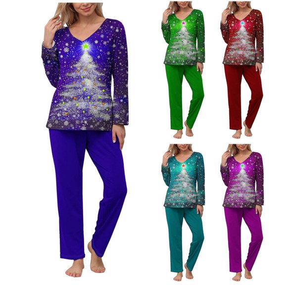 Sriper Lounge Sets for Women Family Christmas Pajama Cotton Long Sleeve Tops Tree Printed Comfy V-Neck Shirt Soild Color High Waisted Long Pants Ladies Loungewear Homewear Pjs Matching Clothes