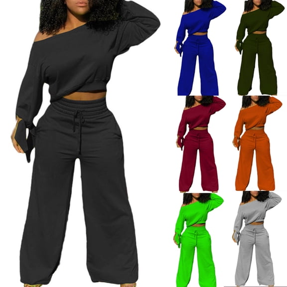 Sriper Lounge Sets for Women Fashion Lounge 2 Piece Outfits Off The Shoulder Long Sleeve Crop Tops Soild Color Comfy Sweatpants High Waisted Baggy Wide Leg Pant Casual Sweatpants Streetwear Workout