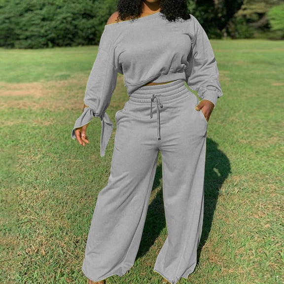Sriper Lounge Sets for Women Fashion Lounge 2 Piece Outfits Off The Shoulder Long Sleeve Crop Tops Soild Color Comfy Sweatpants High Waisted Baggy Wide Leg Pant Casual Sweatpants Streetwear Workout