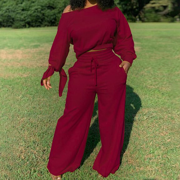 Sriper Lounge Sets for Women Fashion Lounge 2 Piece Outfits Off The Shoulder Long Sleeve Crop Tops Soild Color Comfy Sweatpants High Waisted Baggy Wide Leg Pant Casual Sweatpants Streetwear Workout
