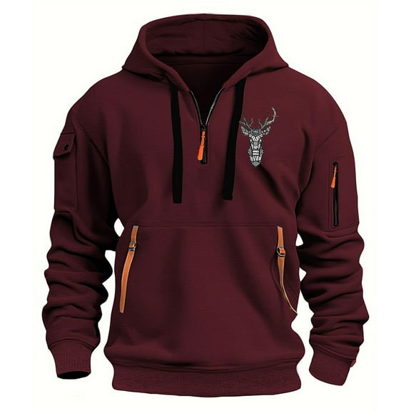 Sriper Men's Quarter-Zip Tactical Hoodie, Fleece Pullover with Multi-Pockets, Long Sleeve Workout Sweatshirt, Fall & Winter Streetwear, Durable Fabric Para Hombre Wine L